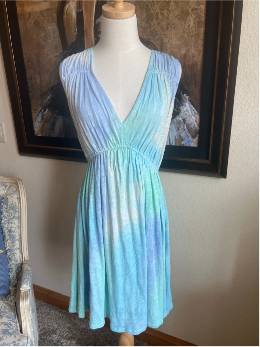 ATM Mini Dress Size L Blue Green Tie Dye Sleeveless New Boho Chic - Picture 3 of 9